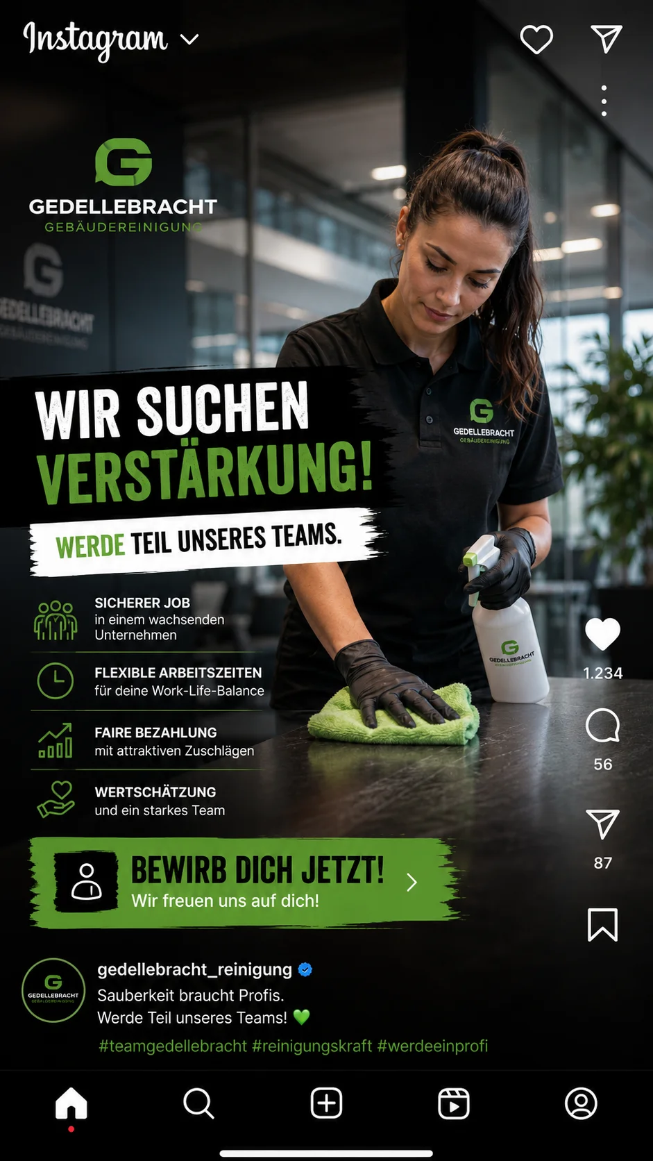 Instagram Recruiting-Kampagne Gedellebracht Gebäudereinigung – Handwerk Social Media
