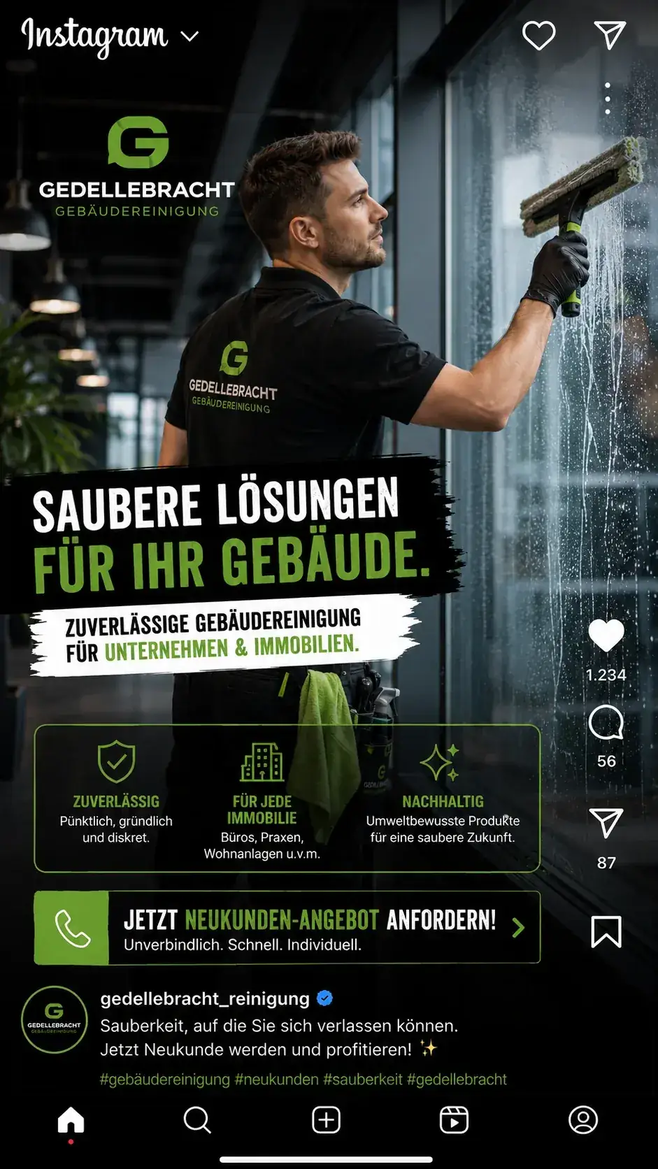 Neukunden-Kampagne Gedellebracht Gebäudereinigung – Instagram Facebook Ad Handwerk